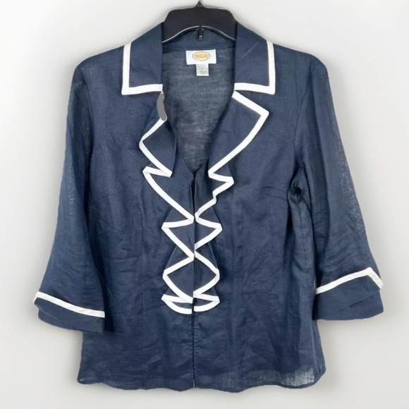 Talbots Ruffle Front Blue Linen Blouse 3/4 Sleeves Contrast Trim Womens Size 8 - Picture 1 of 12